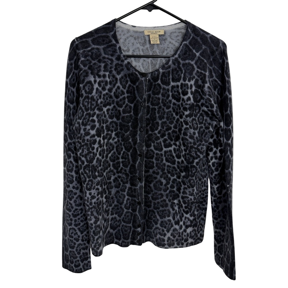 Vertical Design Cardigan Womens XL Grey Leopard Print 2-Ply Cashmere Sweater